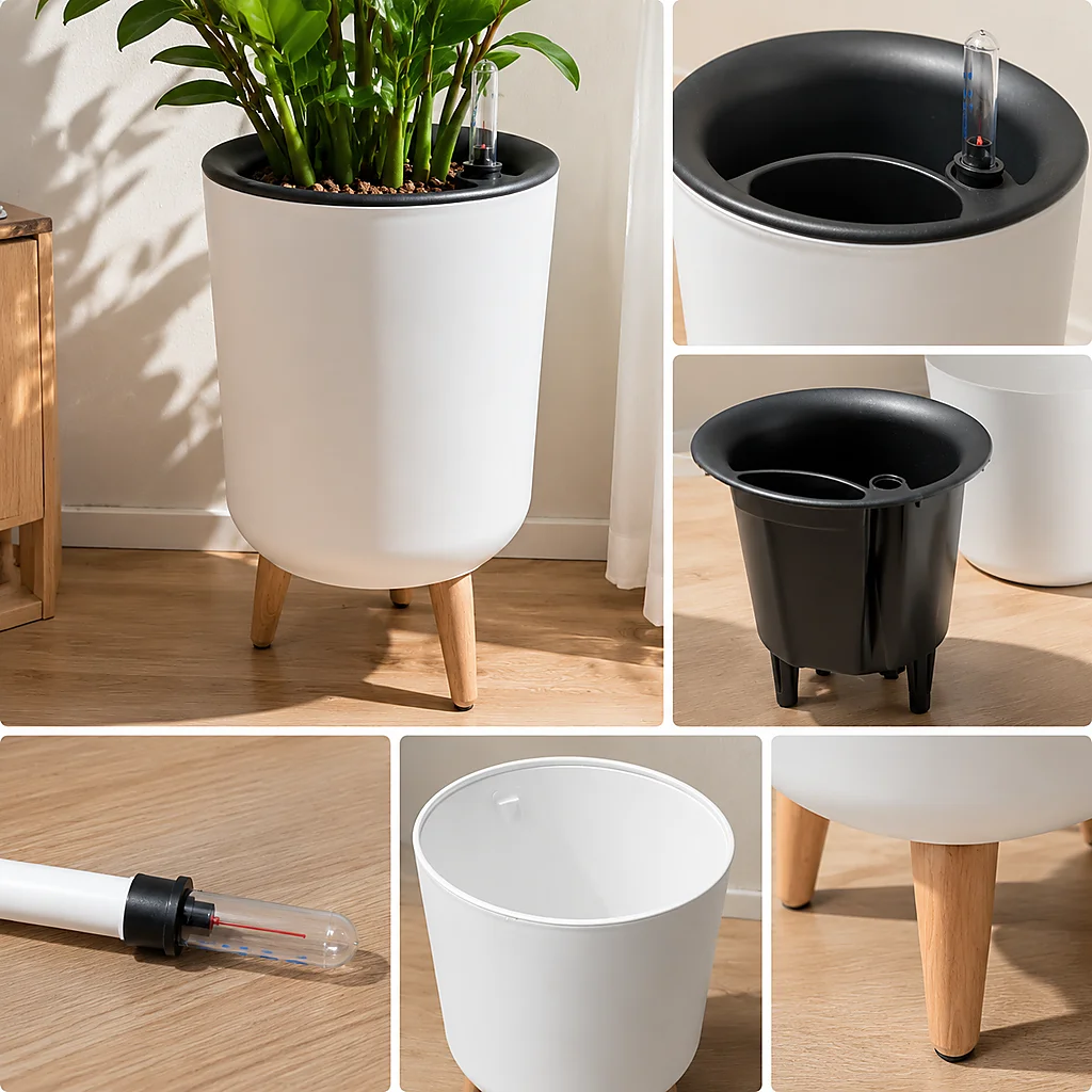 Self‑Watering Indoor Floor Planter, White Large Cylindrical Flower Pot With Natural Wooden Leg Stand, Water‑Level Gauge Decorative Houseplant Container for Home Office