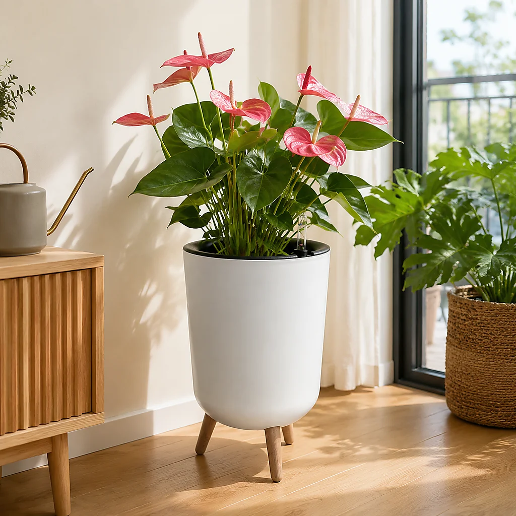 Self‑Watering Indoor Floor Planter, White Large Cylindrical Flower Pot With Natural Wooden Leg Stand, Water‑Level Gauge Decorative Houseplant Container for Home Office