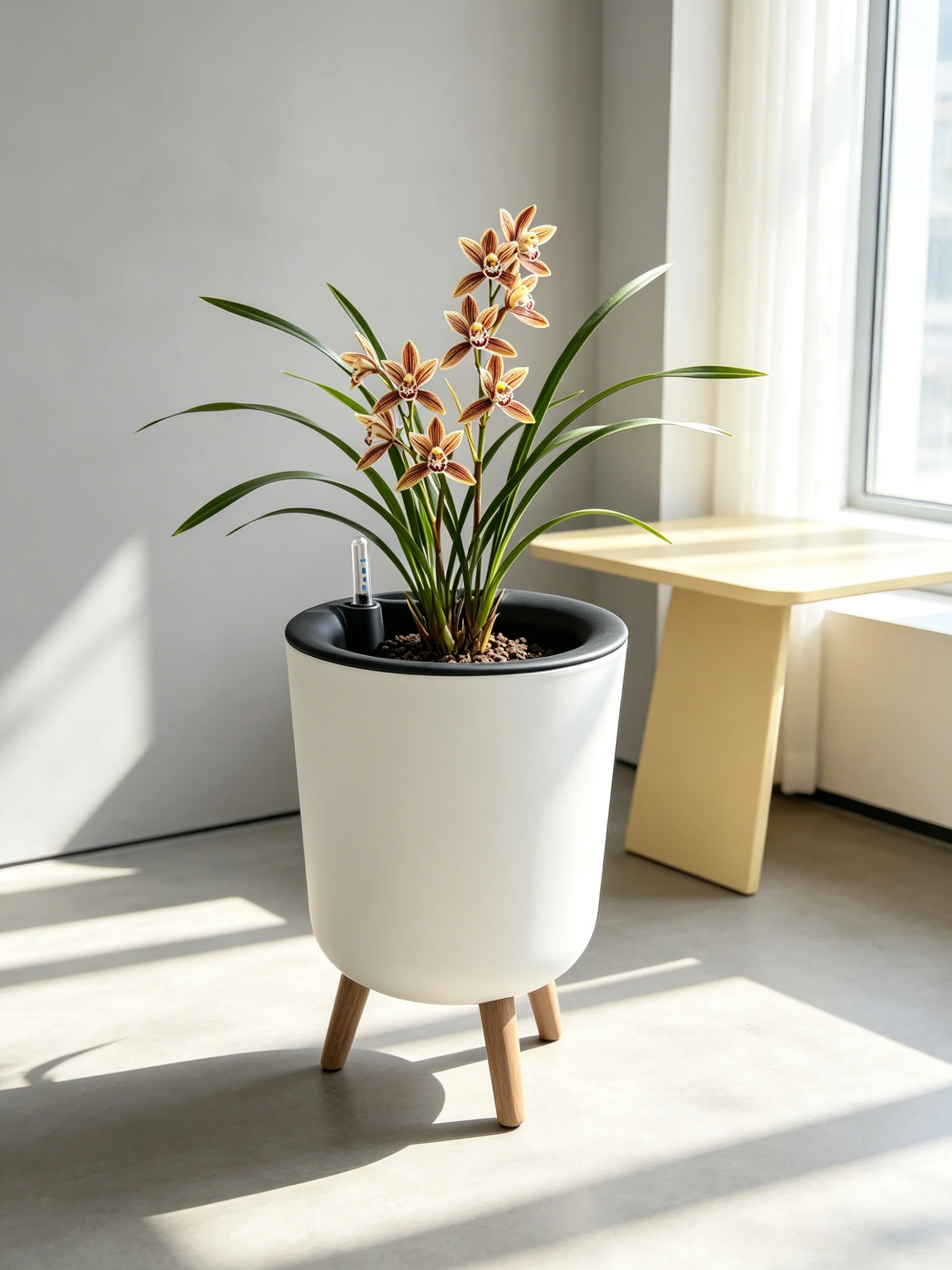 Self‑Watering Indoor Floor Planter, White Large Cylindrical Flower Pot With Natural Wooden Leg Stand, Water‑Level Gauge Decorative Houseplant Container for Home Office