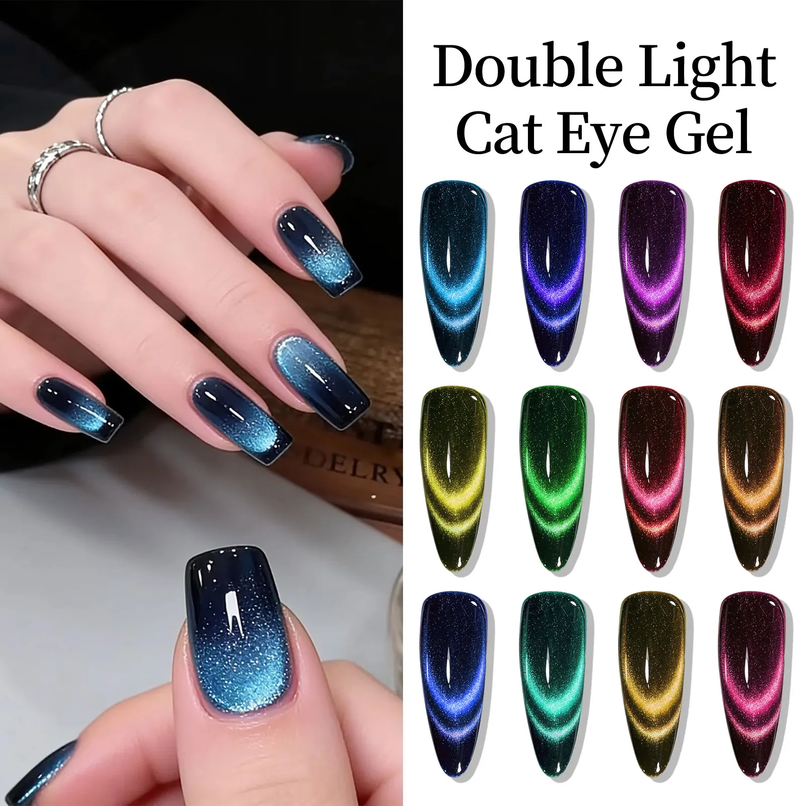 Ovanlee 12-Color Double Light Cat Eye Nail Gel Kit – 8ml High-Pigment Magnetic UV Polish, Requires Black Base for 3D Galaxy, Crystal Ball & Holographic Nail Effects