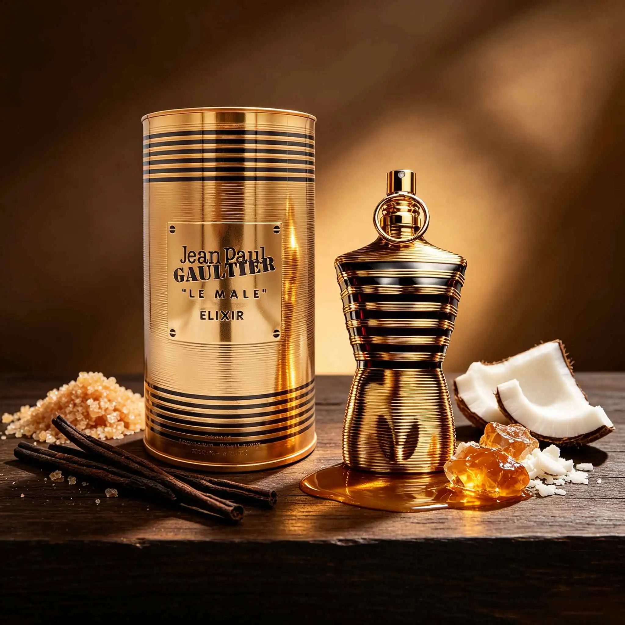 Jean Paul Gaultier Le Male Elixir Comes With Eye‑catching Golden Sculptural Bottle. Lntense Sweet Spicy‑Woody Scent, For Men Who Love Bold And Distinctive Fragrance.