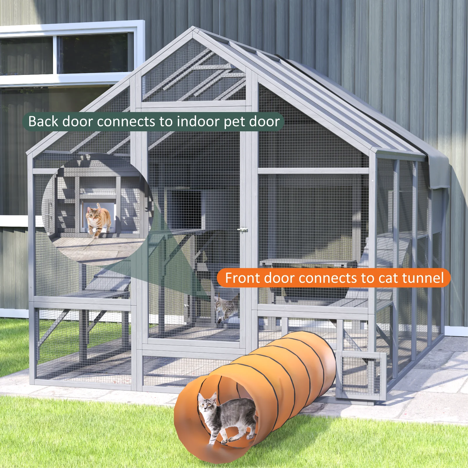 Walk-In Outdoor Cat Enclosure, Extra Large Waterproof Catio for Multiple Cats, Cat Run Cage with 2 Condos, 7 Platforms & Bridges, Grey