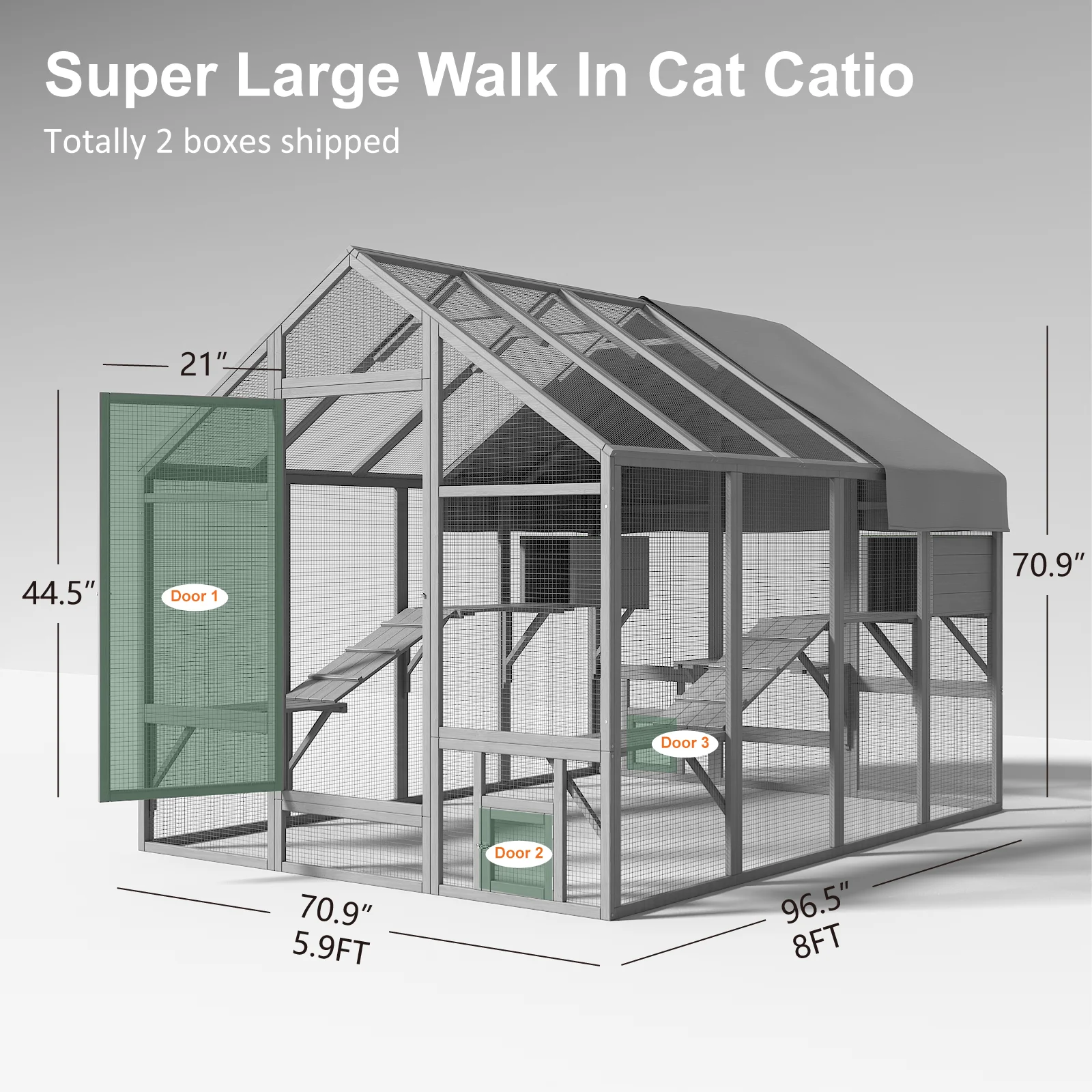 Walk-In Outdoor Cat Enclosure, Extra Large Waterproof Catio for Multiple Cats, Cat Run Cage with 2 Condos, 7 Platforms & Bridges, Grey