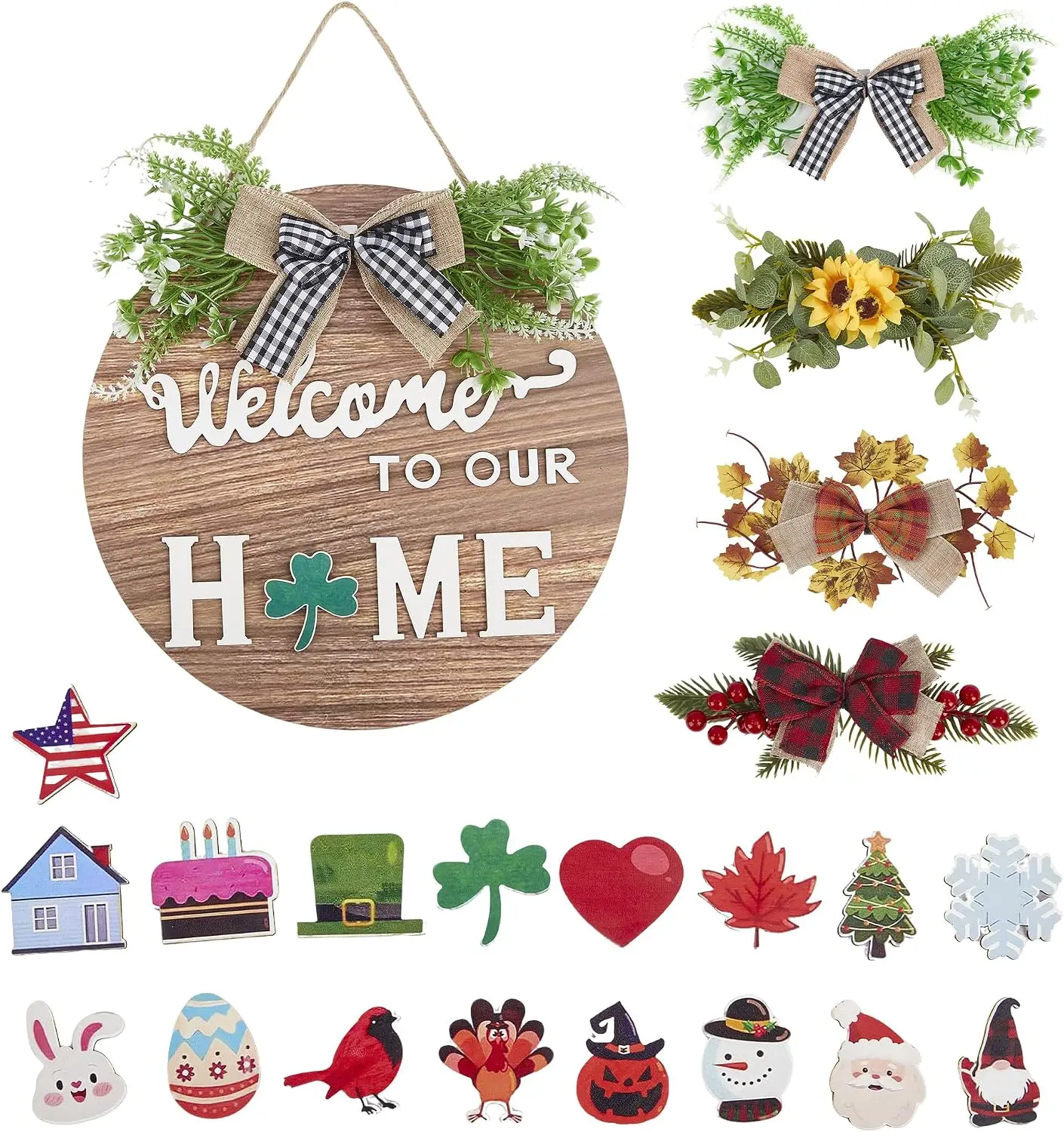 1SET Interchangeabl Welcome Home Sign Round Wooden Artwork Perfect for Living Room Bedroom House Hanging Tag for All Seasons Housewarming Gift