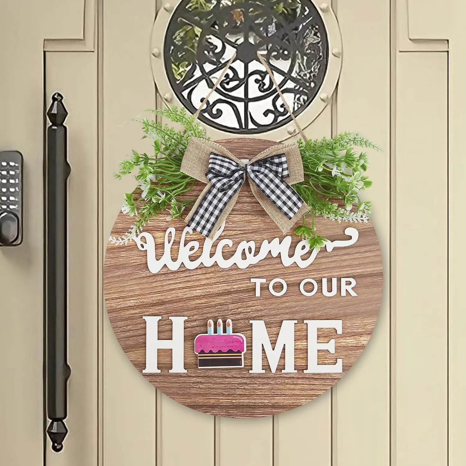 1SET Interchangeabl Welcome Home Sign Round Wooden Artwork Perfect for Living Room Bedroom House Hanging Tag for All Seasons Housewarming Gift