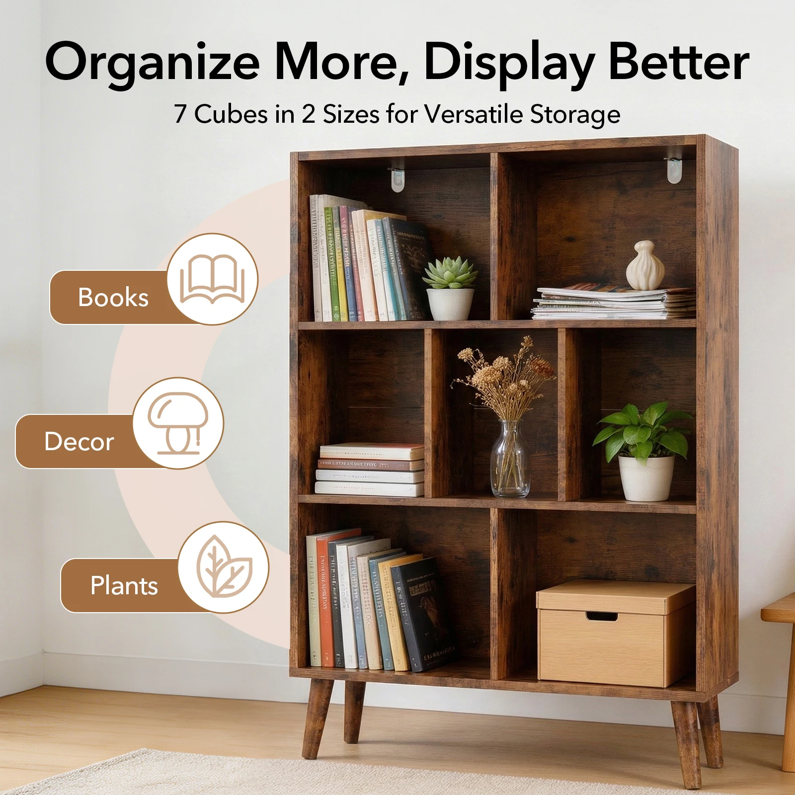 MCQ 3 Tier Wooden Bookcase with Legs Storage Organizer Display Shelves Classic Bookshelf Storage Shelves Bookshelf Sturdy Structure Graduated Shelves for Home