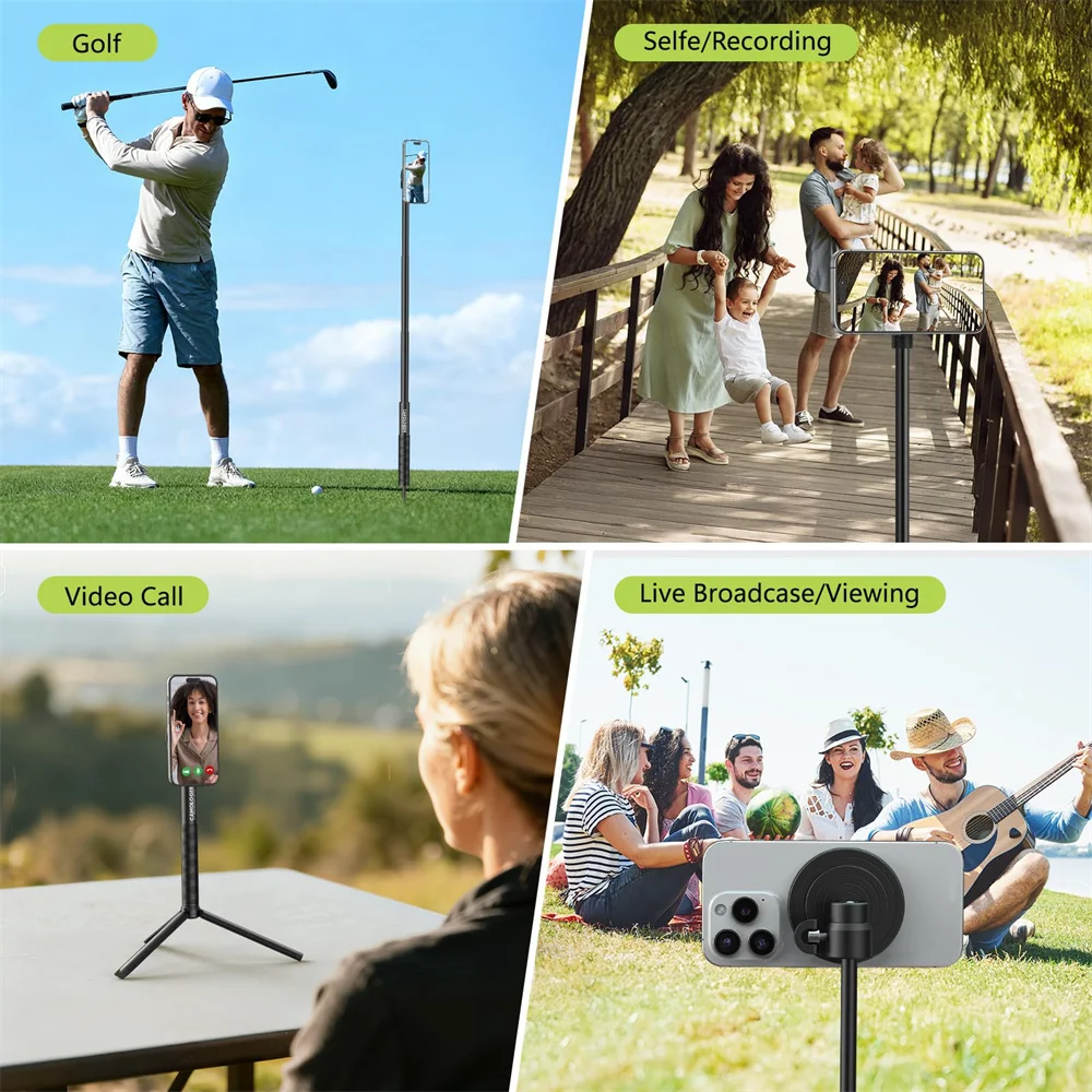 CAMOLO Aluminum Magnetic Trpod Stand Golf Monopod Magnet Selfie Stick w Ground Spike Stake +1/4"+Phone Holder+Gopro Adapter for Iphone 17 16 Android Gopro/DSLR Camera