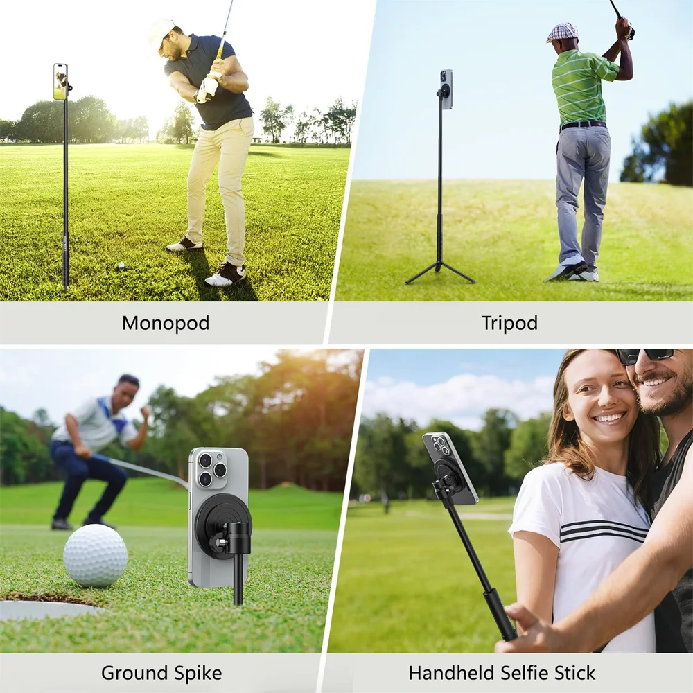 CAMOLO Aluminum Magnetic Trpod Stand Golf Monopod Magnet Selfie Stick w Ground Spike Stake +1/4"+Phone Holder+Gopro Adapter for Iphone 17 16 Android Gopro/DSLR Camera