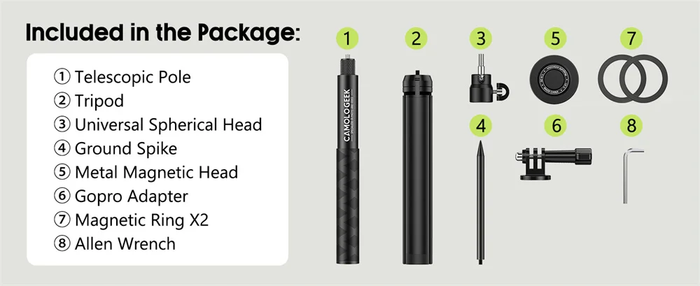 CAMOLO Aluminum Magnetic Trpod Stand Golf Monopod Magnet Selfie Stick w Ground Spike Stake +1/4"+Phone Holder+Gopro Adapter for Iphone 17 16 Android Gopro/DSLR Camera