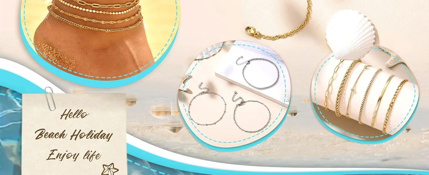 Layered Ankle Bracelets for Women Waterproof 14K Gold Plated Cuban Figaro Link Chain Beaded Anklets Set Dainty Foot Jewelry