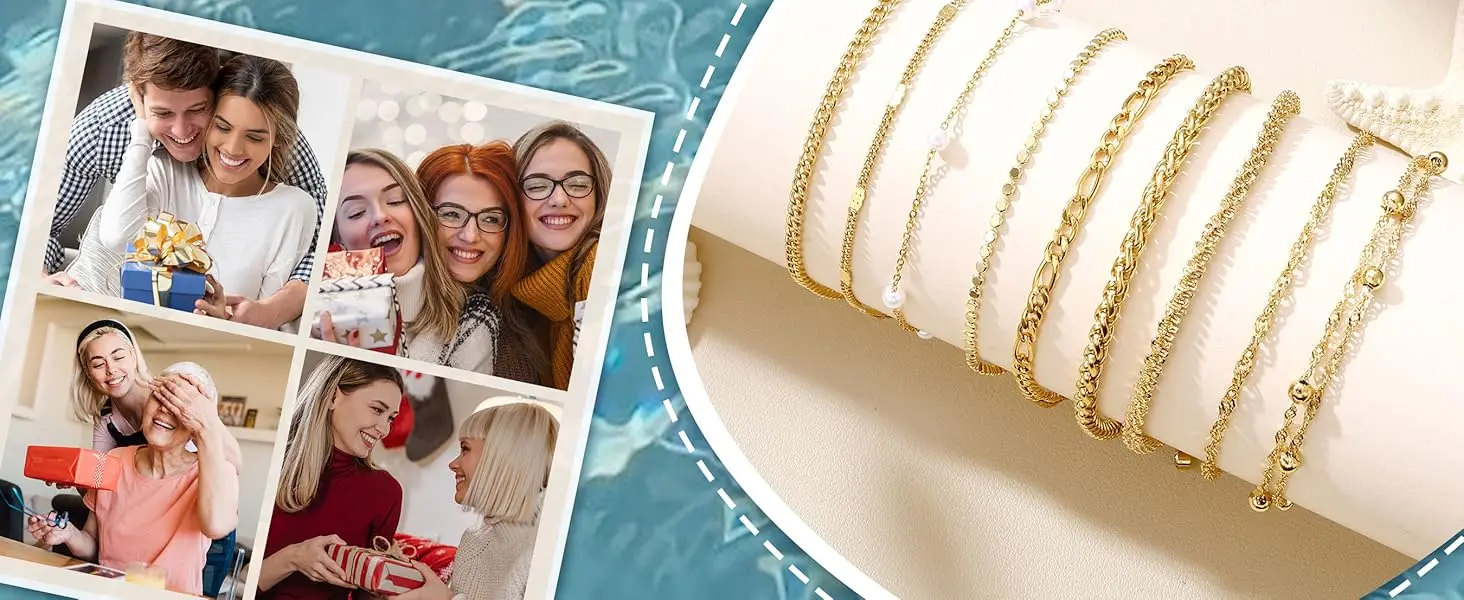 Layered Ankle Bracelets for Women Waterproof 14K Gold Plated Cuban Figaro Link Chain Beaded Anklets Set Dainty Foot Jewelry