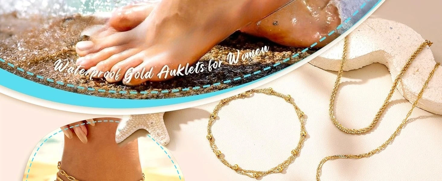 Layered Ankle Bracelets for Women Waterproof 14K Gold Plated Cuban Figaro Link Chain Beaded Anklets Set Dainty Foot Jewelry