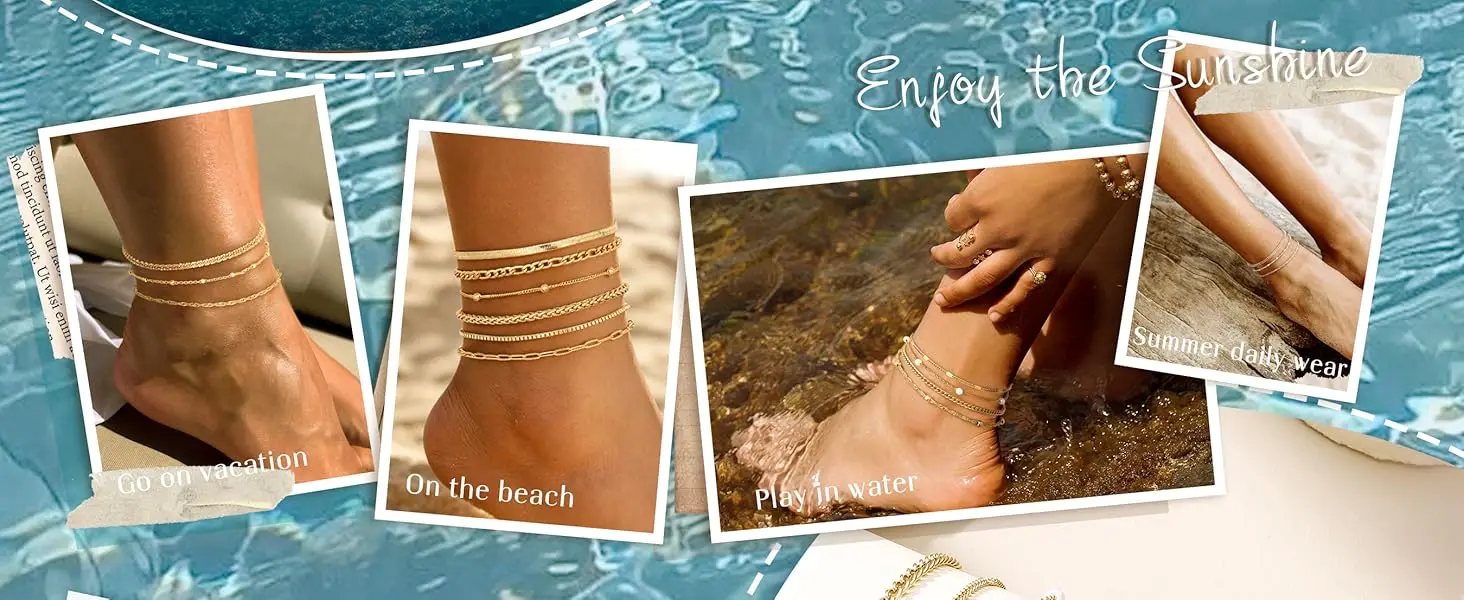 Layered Ankle Bracelets for Women Waterproof 14K Gold Plated Cuban Figaro Link Chain Beaded Anklets Set Dainty Foot Jewelry