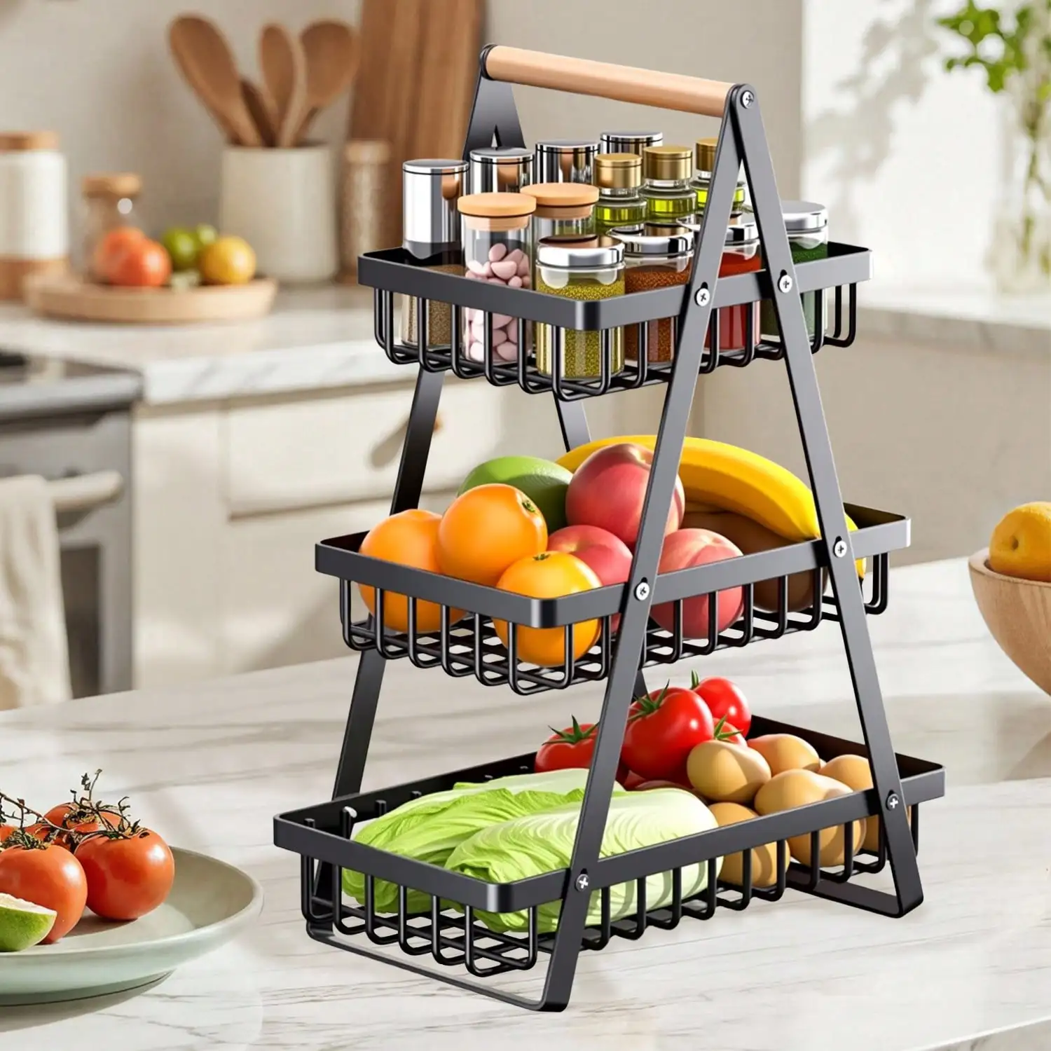 Three-Tier Fruit Basket With Removable Wooden Handle-Sturdy Kitchen Storage Box Suitable For Fresh Fruits And Vegetables, Bread, And Snacks-Suitable For Home And Kitchen Display, Can Be Used As A Kitchen Fruit Basket, Bread Box, Fruit Plate,