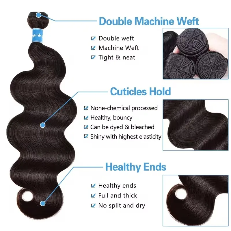 12A Body Wave Human Hair 1/3/4pcs Bundle Untreated Brazilian REMY Human Hair Weave Bundles Double-Strand Braided Natural Black Sizes 14-30