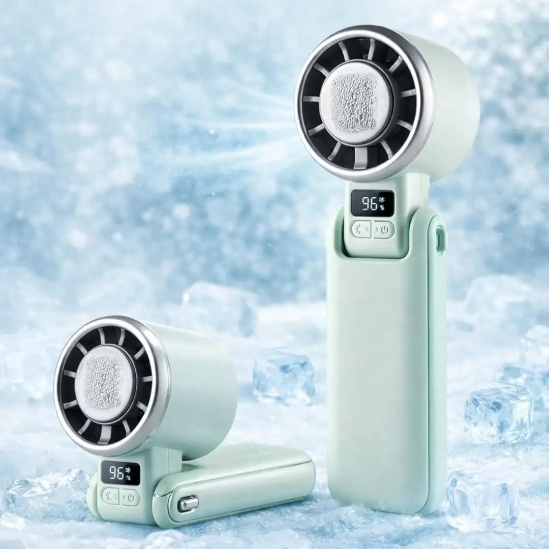 Rechargeable Handheld Fan, Portable Turbo Cooling Fan with One Touch Ice Cooling, 5 Speed Quiet Airflow, Digital Battery Display, Foldable Mini Fan for Handheld, Desktop or Neck Use, Perfect for Travel, Cruises, Festivals, Summer Heat and Gifts