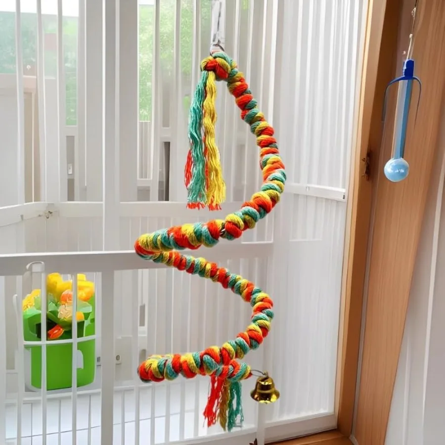Bird cage perch for parrots and parakeets, cotton rope material, multi-color, bendable and soft for foot exercise and comfort