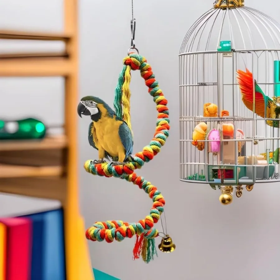 Bird cage perch for parrots and parakeets, cotton rope material, multi-color, bendable and soft for foot exercise and comfort