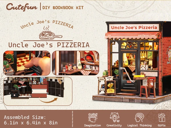 Original CUTEBEE Uncle Joe's Pizzeria Book Nook Kit DIY Miniature House Dollhouse Booknook Pizza Shop Tiny House Bookshelf Decor 3D Wooden Puzzle for Adults and Teens, DIY Craft Gifts