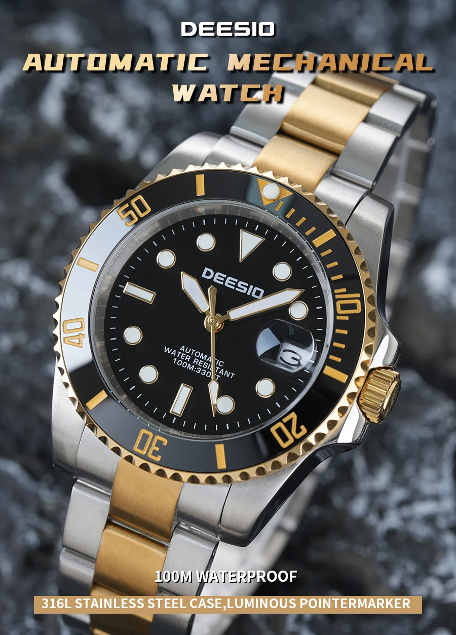 Deesio Men's Automatic Skeleton Mechanical Wristwatch,316L Stainless Steel Case & Solid Band, Business CasualDress Watch, Upgrade 100M Waterproof Luminous Dial, Day DateCalendar Display, Mineral Crystal Glass, Butterfly Clasp,Luxury Birthday Gif