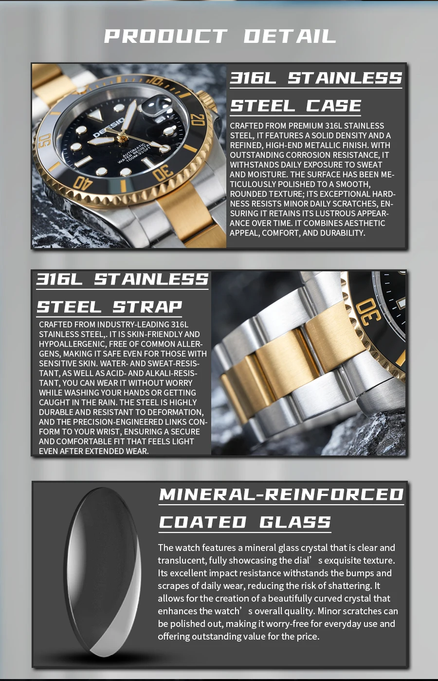 Deesio Men's Automatic Skeleton Mechanical Wristwatch,316L Stainless Steel Case & Solid Band, Business CasualDress Watch, Upgrade 100M Waterproof Luminous Dial, Day DateCalendar Display, Mineral Crystal Glass, Butterfly Clasp,Luxury Birthday Gif