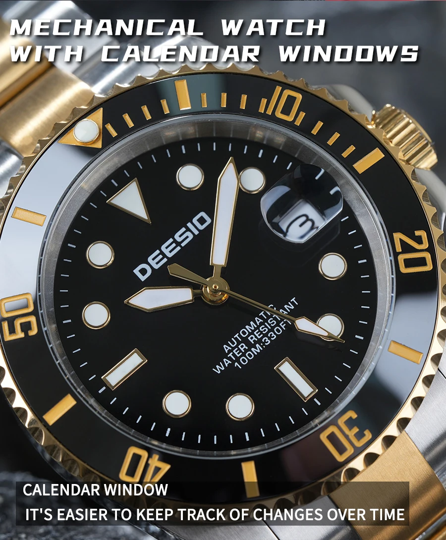 Deesio Men's Automatic Skeleton Mechanical Wristwatch,316L Stainless Steel Case & Solid Band, Business CasualDress Watch, Upgrade 100M Waterproof Luminous Dial, Day DateCalendar Display, Mineral Crystal Glass, Butterfly Clasp,Luxury Birthday Gif