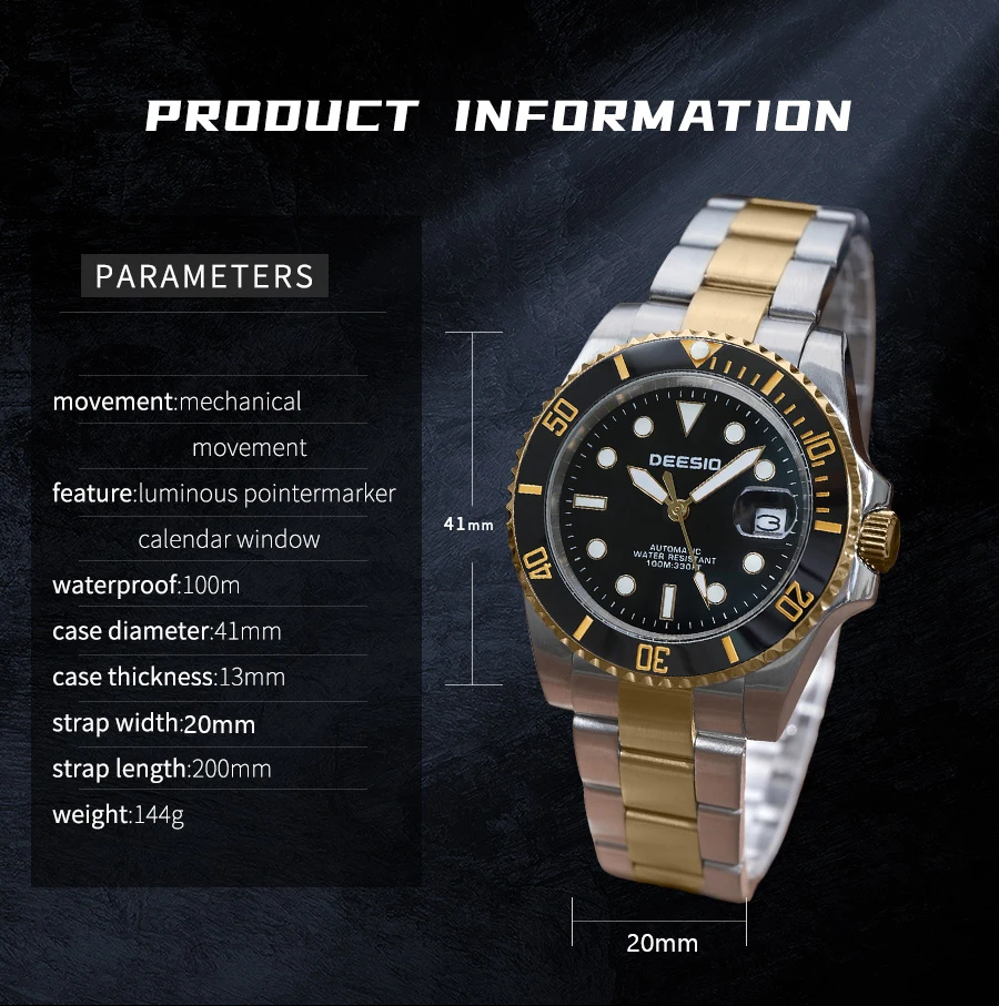 Deesio Men's Automatic Skeleton Mechanical Wristwatch,316L Stainless Steel Case & Solid Band, Business CasualDress Watch, Upgrade 100M Waterproof Luminous Dial, Day DateCalendar Display, Mineral Crystal Glass, Butterfly Clasp,Luxury Birthday Gif