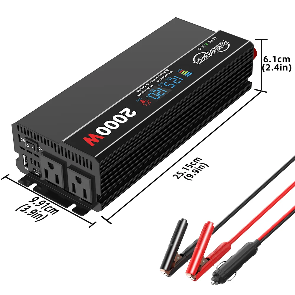 500W/800W Pure Sine Wave Power Inverter 12V DC to 110V/120V 1500W/2000W Peak AC Car Converter for Vehicles LED Screen Display, 2 AC Outlets,36W USB-C Charging Port, Car Plug Adapter for Truck, Home, Camping, Laptop, Trip