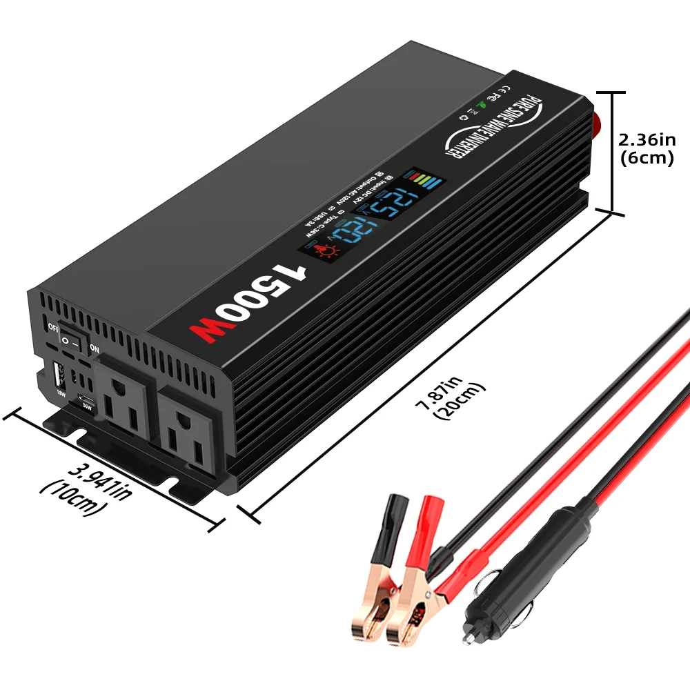 500W/800W Pure Sine Wave Power Inverter 12V DC to 110V/120V 1500W/2000W Peak AC Car Converter for Vehicles LED Screen Display, 2 AC Outlets,36W USB-C Charging Port, Car Plug Adapter for Truck, Home, Camping, Laptop, Trip