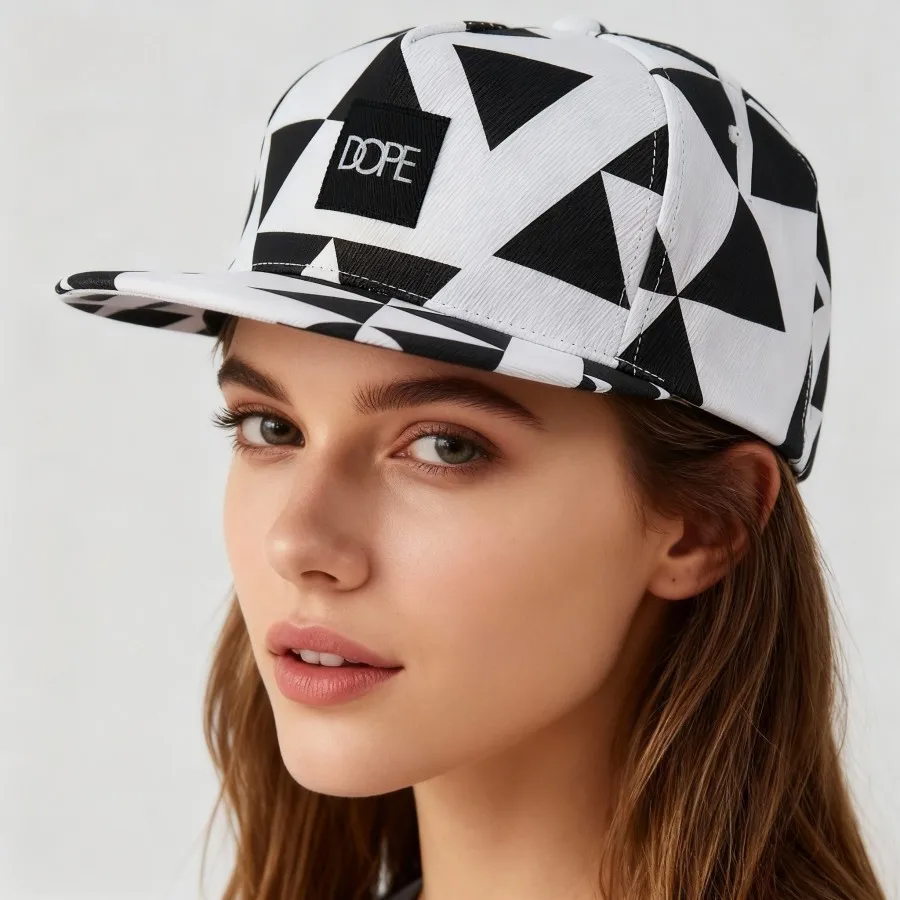 Black White Geometric Triangle Print Snapback Hat Flat Brim Hip‑Hop Baseball Cap Adjustable Streetwear Sun Hat for Men Women Daily Outdoor