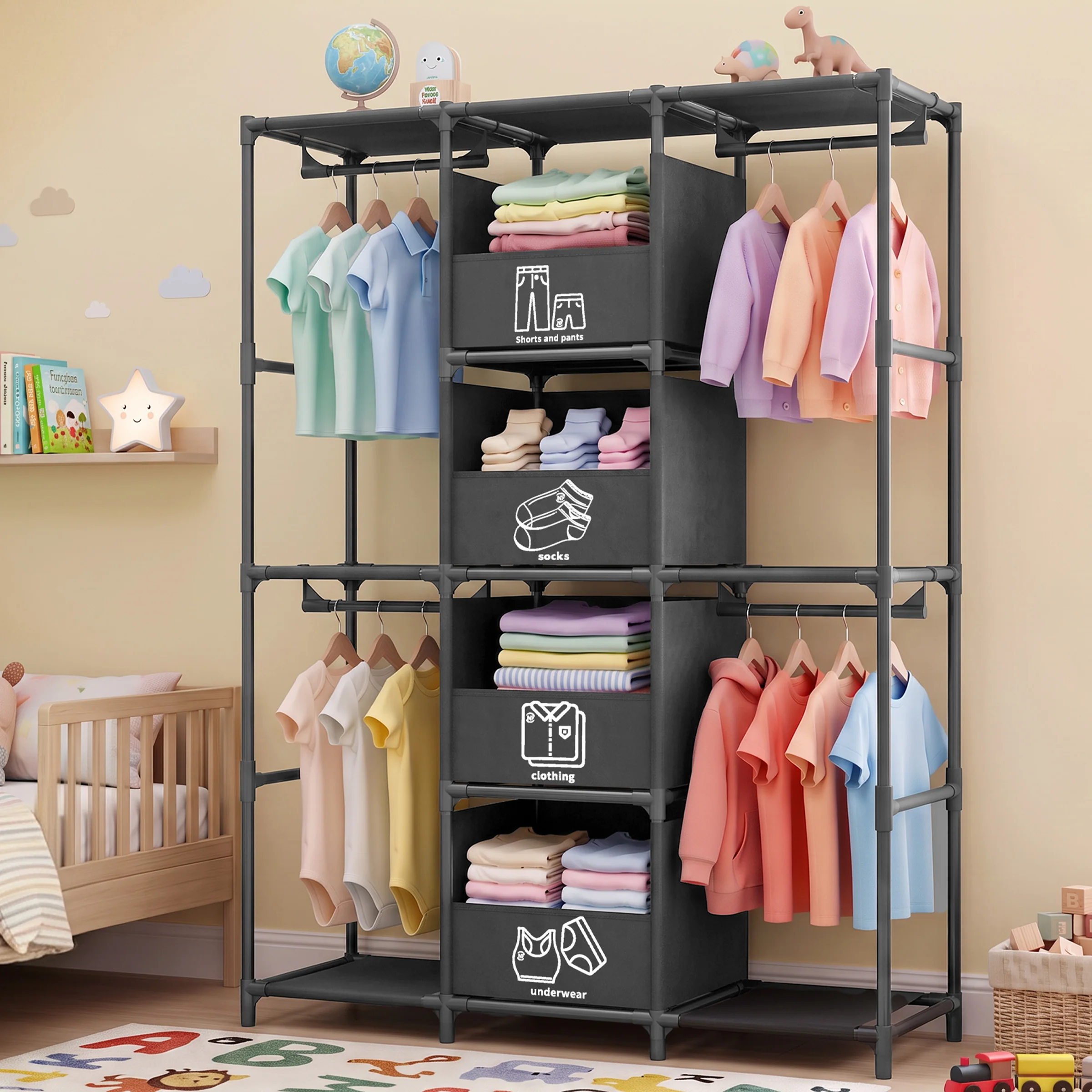 67" Freestanding Wardrobe Closet Dustproof Hanging Rods & Drawers Multi-layer Tall Heavy Duty Large Capacity Storage Rack Organizer Tool-Free Assembly for Bedroom Dorm Apartment