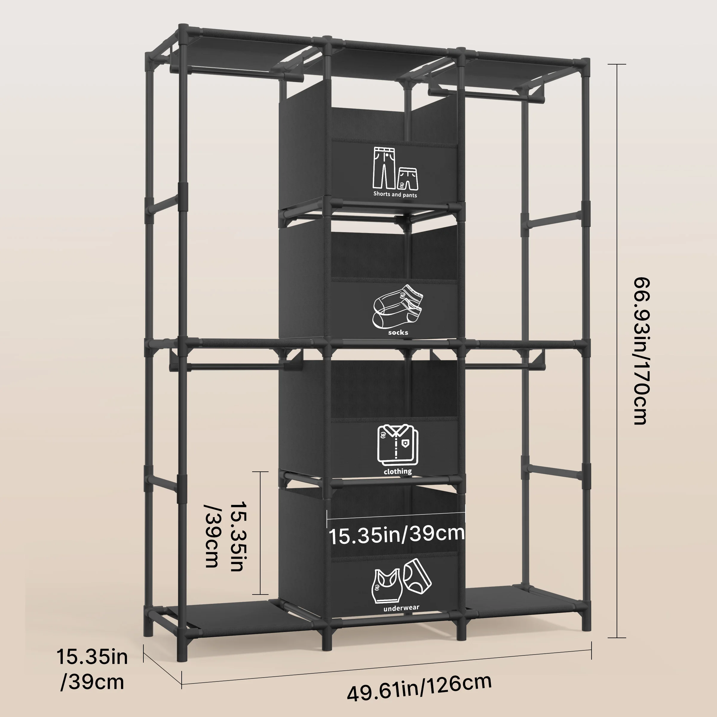 67" Freestanding Wardrobe Closet Dustproof Hanging Rods & Drawers Multi-layer Tall Heavy Duty Large Capacity Storage Rack Organizer Tool-Free Assembly for Bedroom Dorm Apartment