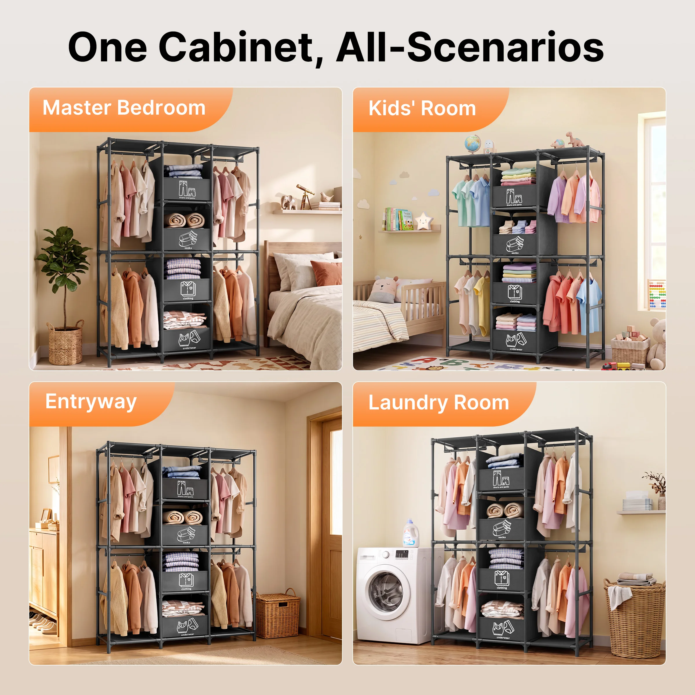67" Freestanding Wardrobe Closet Dustproof Hanging Rods & Drawers Multi-layer Tall Heavy Duty Large Capacity Storage Rack Organizer Tool-Free Assembly for Bedroom Dorm Apartment