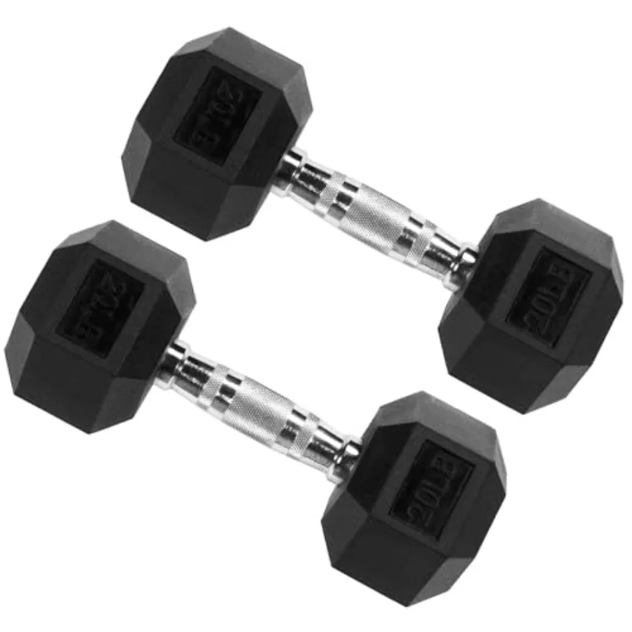 Gym rubber-coated hex dumbbells set in black, 5/10/15/20 lbs pair, non-slip grip and floor protection