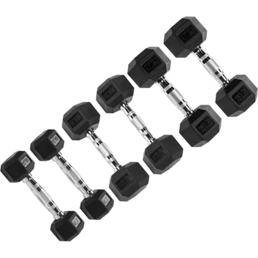 Gym rubber-coated hex dumbbells set in black, 5/10/15/20 lbs pair, non-slip grip and floor protection