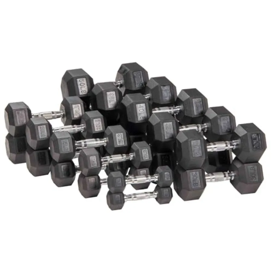 Gym rubber-coated hex dumbbells set in black, 5/10/15/20 lbs pair, non-slip grip and floor protection