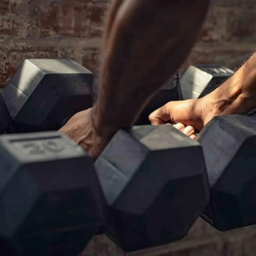 Gym rubber-coated hex dumbbells set in black, 5/10/15/20 lbs pair, non-slip grip and floor protection