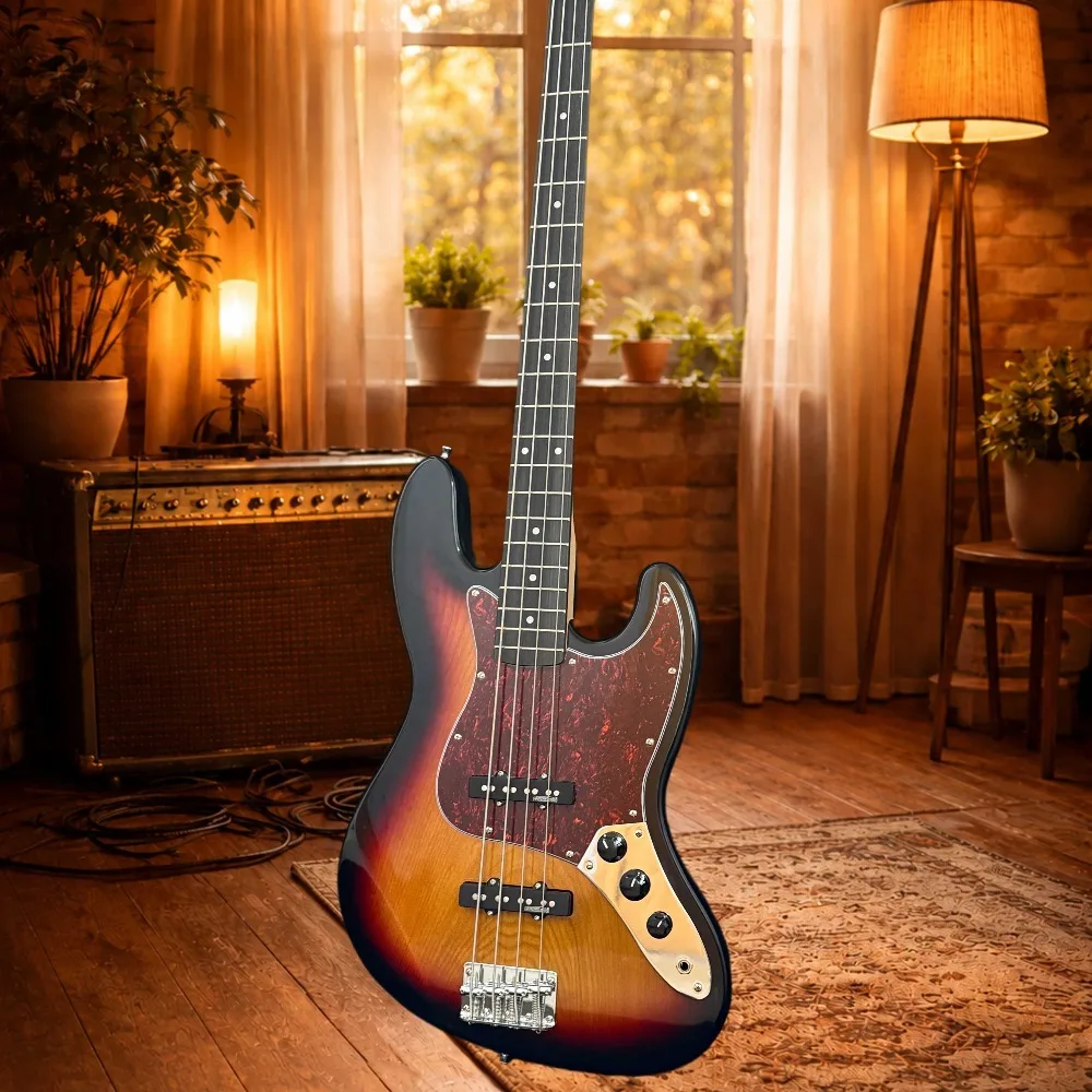 Sunset Burst Color J‑Bass Shape Style 4‑String Acoustic Guitar Alder Wood Body Electric Bass Guitar Gloss Finish Tortoiseshell Pickguard Single Coil Pickups Beginner Band Performance Wood Guitar