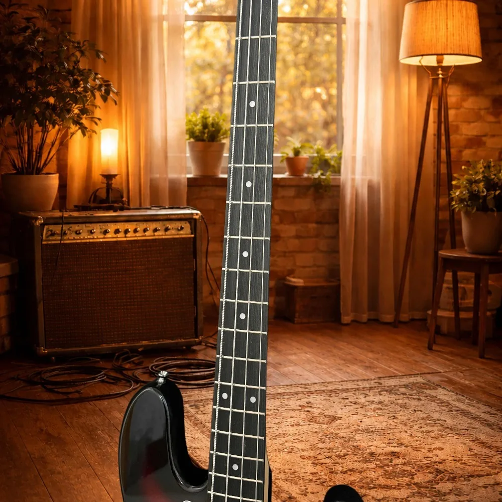 Sunset Burst Color J‑Bass Shape Style 4‑String Acoustic Guitar Alder Wood Body Electric Bass Guitar Gloss Finish Tortoiseshell Pickguard Single Coil Pickups Beginner Band Performance Wood Guitar