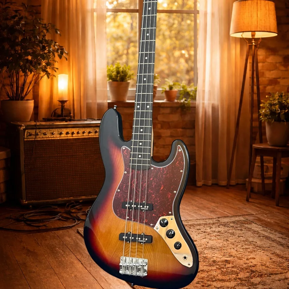 Sunset Burst Color J‑Bass Shape Style 4‑String Acoustic Guitar Alder Wood Body Electric Bass Guitar Gloss Finish Tortoiseshell Pickguard Single Coil Pickups Beginner Band Performance Wood Guitar