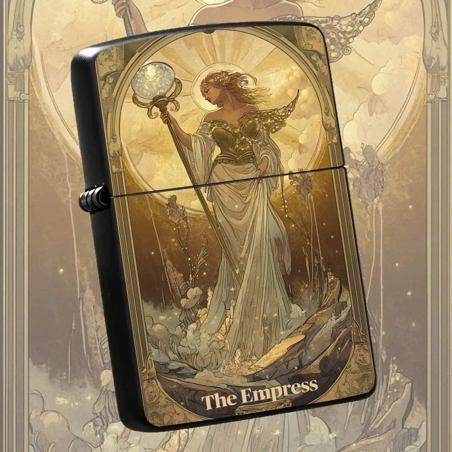 Retro Tarot The Empress Themed Flip-top Metal Windproof Kerosene Lighter Reusable Portable Pocket Lighter Exquisite Art Embossed Design CreativeGift Personalized Trendy Portable Ignition Device Humorous and Fun Lighter