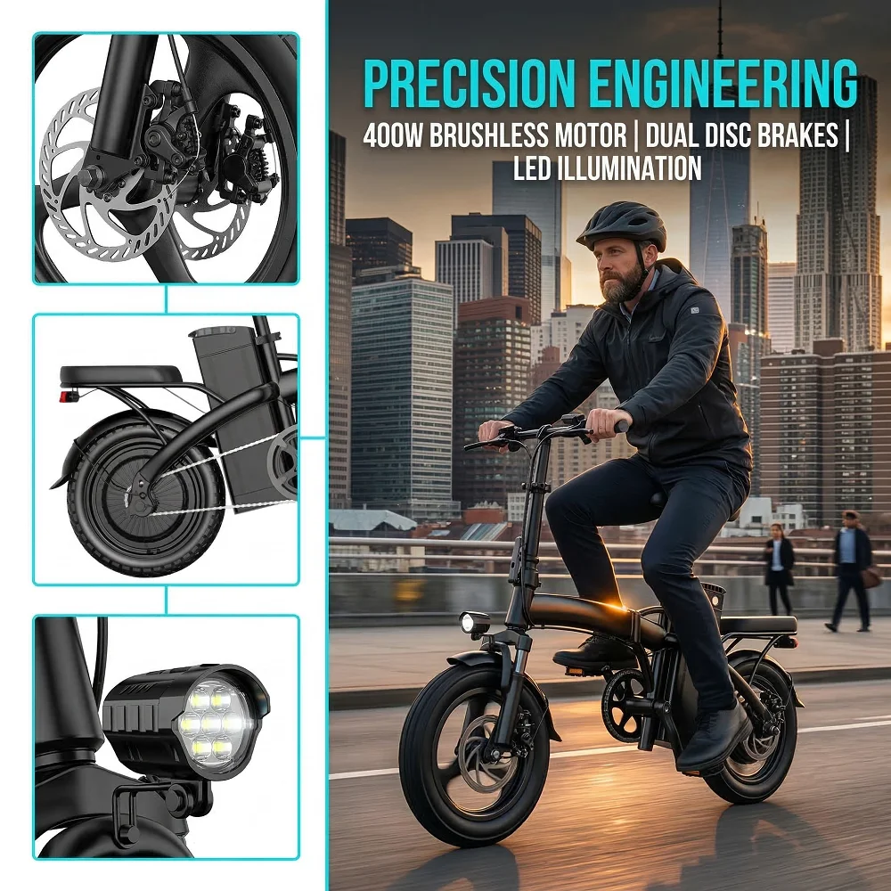 Portable Foldable Adult Electric Bicycle 400W Motor 48V10Ah Battery 3‑Step Quick Fold Dual Disc Brake Anti‑Puncture Vacuum Tire Urban Commuter E‑Bike
