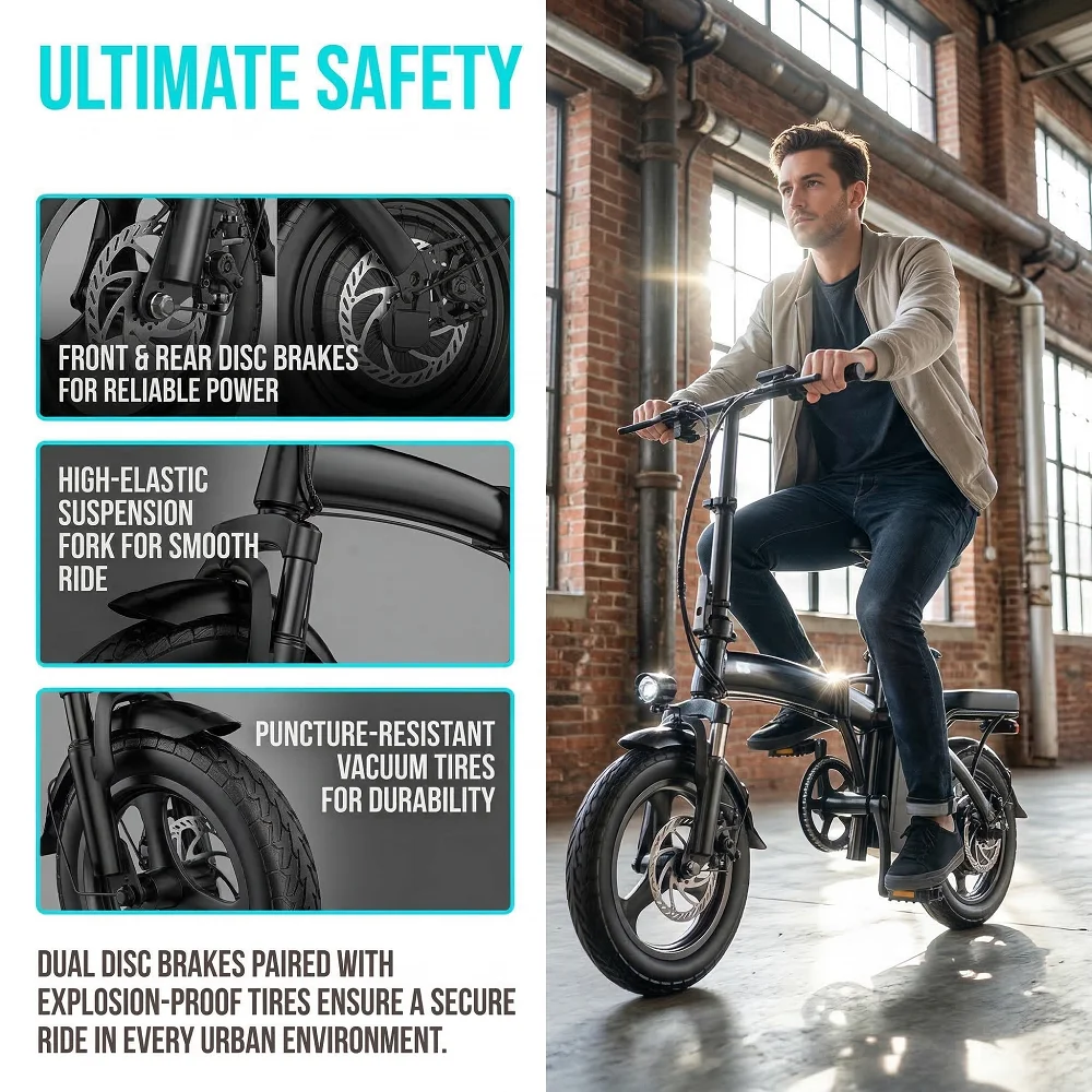 Portable Foldable Adult Electric Bicycle 400W Motor 48V10Ah Battery 3‑Step Quick Fold Dual Disc Brake Anti‑Puncture Vacuum Tire Urban Commuter E‑Bike
