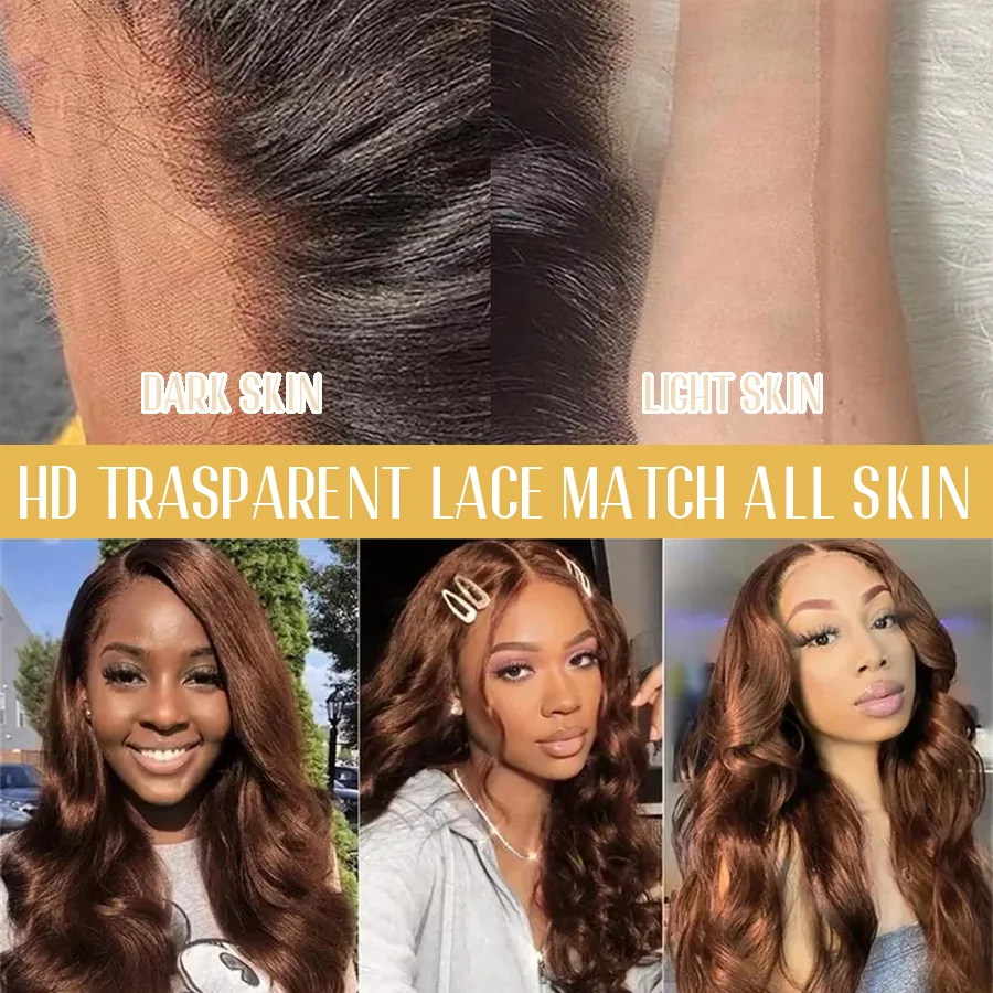 Chocolate Brown 40 Inches 200% Density 13x6 13x4 HD Transparent Lace Frontal Wig Dark Brown Human Hair Wigs #4 Body Wave Pre Plucked Brazilian Hair For Women