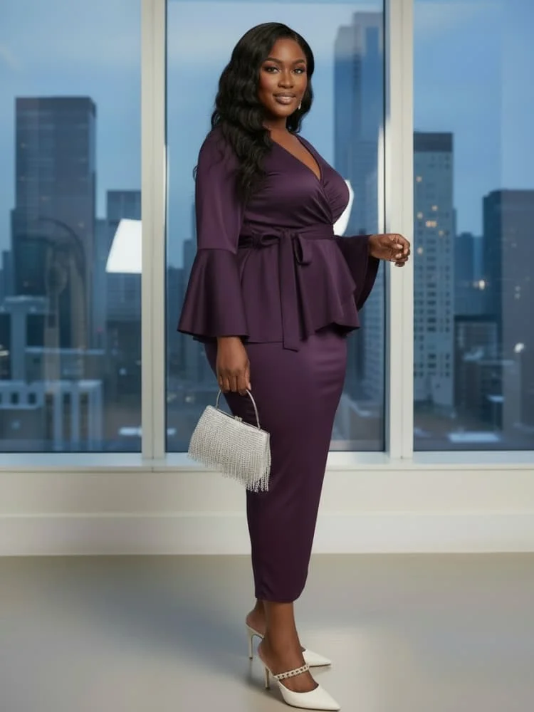 Plus Size V Neck Flare Sleeve Wrap Peplum Top + High Waist Midi Skirt Matching Set For Women Evening Bodycon Two Piece Outfit