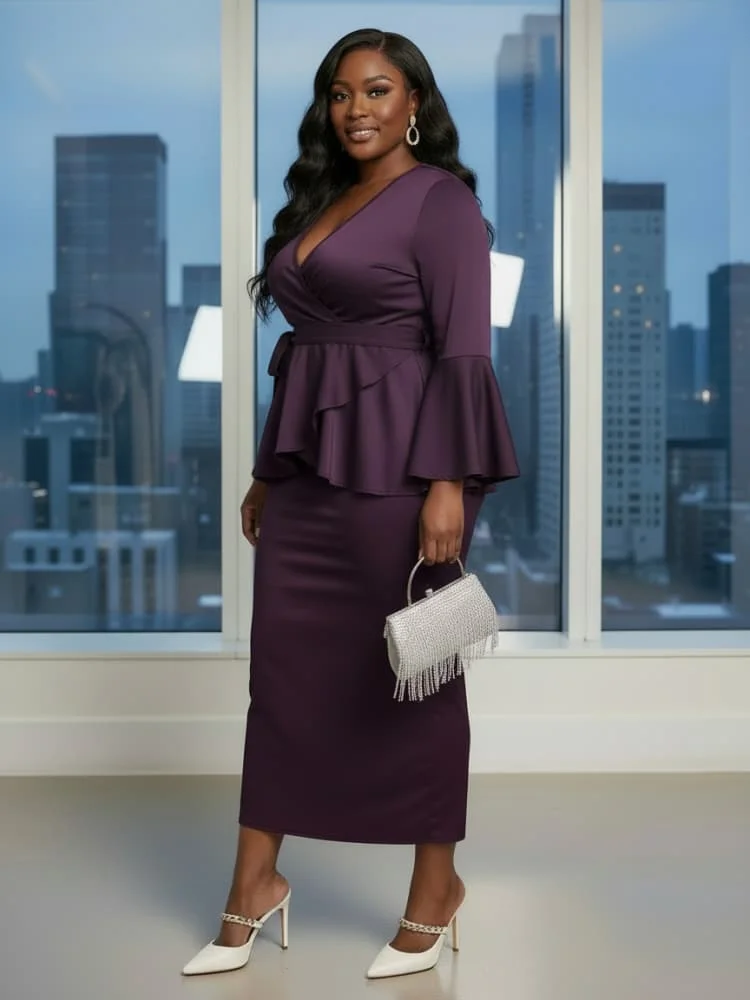 Plus Size V Neck Flare Sleeve Wrap Peplum Top + High Waist Midi Skirt Matching Set For Women Evening Bodycon Two Piece Outfit