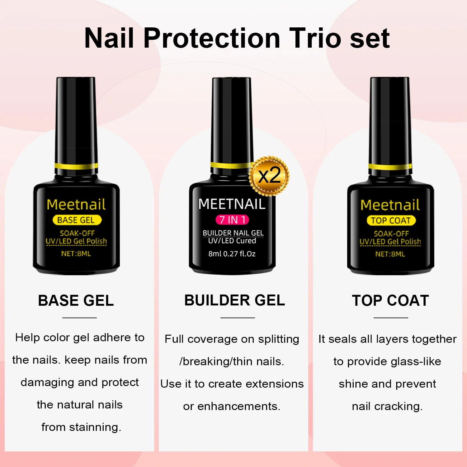 4Pcs No Wipe Gel Top Coat Builder Gel Base Coat Set, 8ml Clear Glossy UV Light Cured Nail Gel for Salon Home DIY