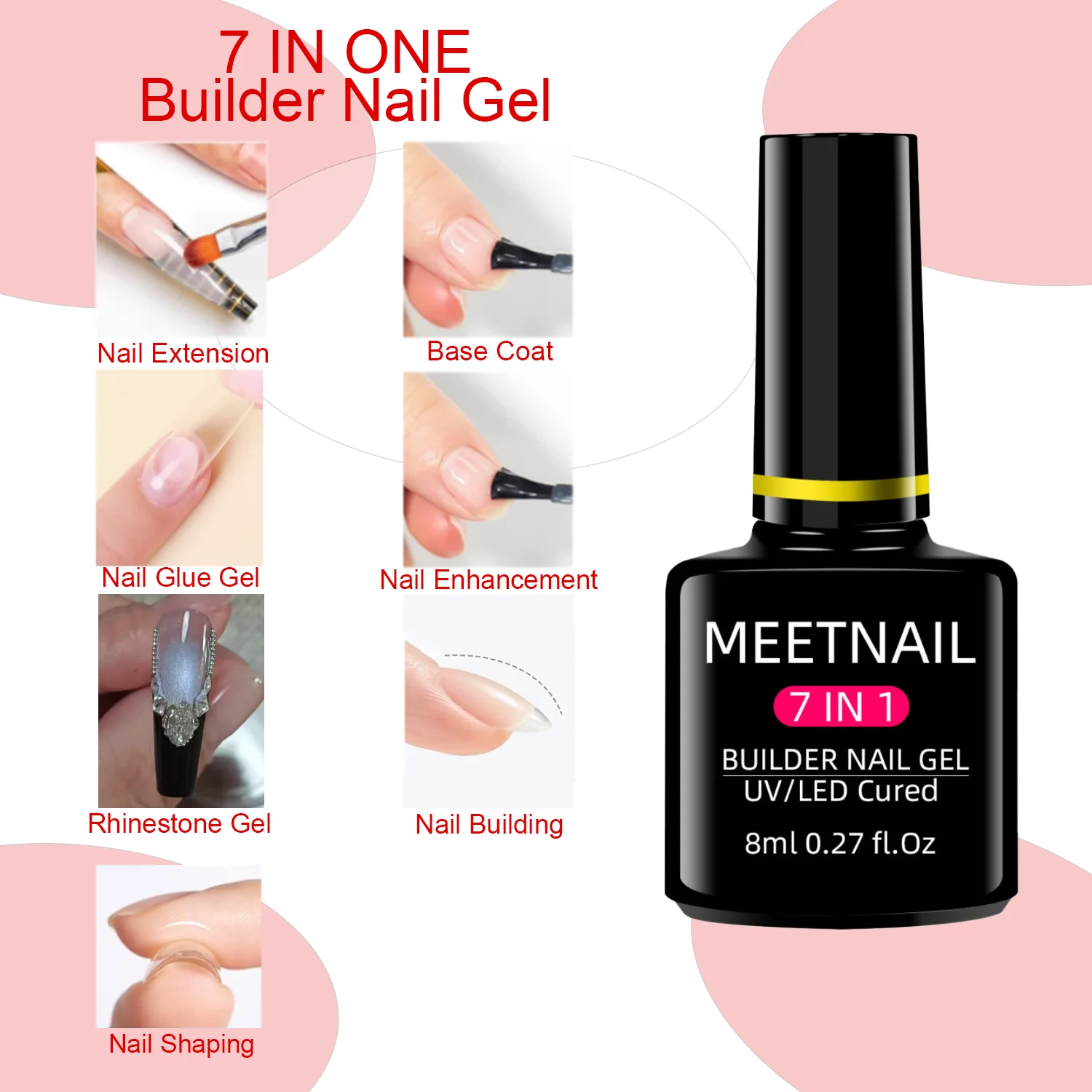 4Pcs No Wipe Gel Top Coat Builder Gel Base Coat Set, 8ml Clear Glossy UV Light Cured Nail Gel for Salon Home DIY
