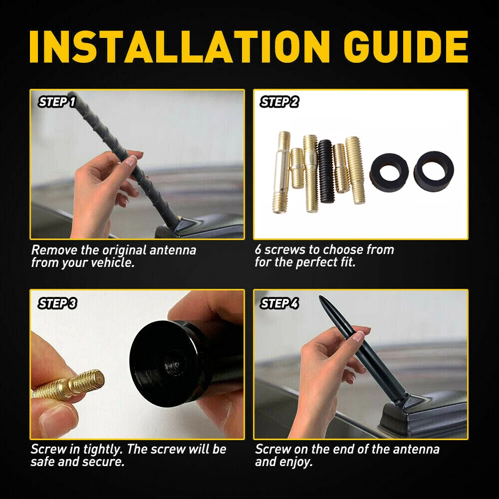 Universal Bullet Style Car Antenna Gloss Black Aluminum Alloy AM FM Radio Roof Aerial Replacement Kit With Multi Size Adapter Screws For Toyota Dodge Infiniti BMW Porsche Nissan Chevrolet Honda Mercedes Hyundai Kia Accessories