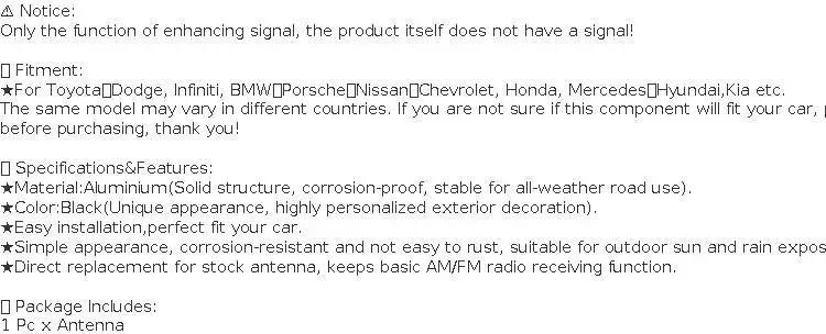 Universal Bullet Style Car Antenna Gloss Black Aluminum Alloy AM FM Radio Roof Aerial Replacement Kit With Multi Size Adapter Screws For Toyota Dodge Infiniti BMW Porsche Nissan Chevrolet Honda Mercedes Hyundai Kia Accessories